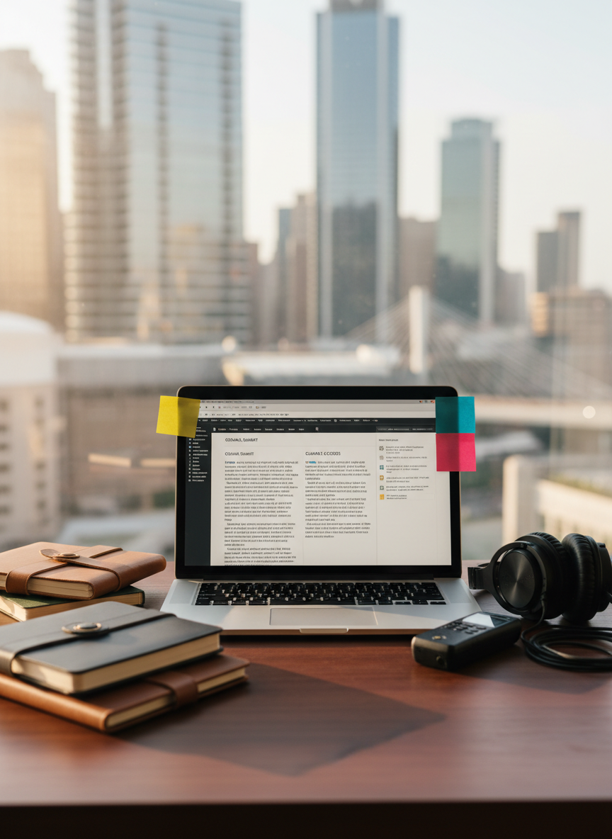 A modern journalist’s workstation centered around a sleek silver laptop displaying an open text editor with a partially written news article, headlines and paragraphs clearly structured but not fully readable. The laptop rests on a dark wooden desk scattered with neatly arranged reporter’s notebooks, color‑coded sticky notes, a compact digital voice recorder, and a pair of over‑ear monitoring headphones. A city skyline is softly blurred through a large window behind, suggesting a newsroom high above street level. Late afternoon natural light streams in from the side, creating gentle reflections on the laptop screen and subtle shadows across the desk. Photographic realism, clean and professional aesthetic, eye‑level composition with shallow depth of field, conveying focus, precision, and the craft of multimedia journalism.