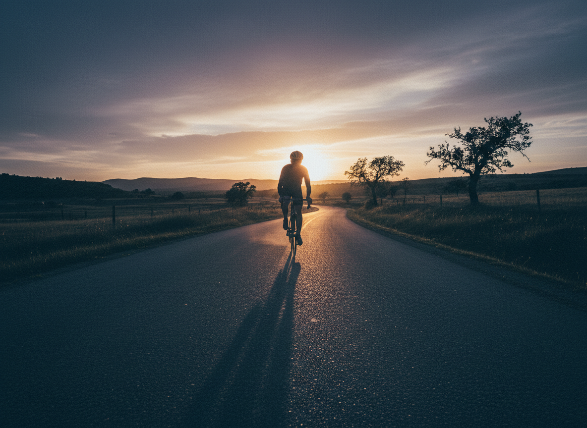 Cinematic wide documentary shot of a lone road cyclist riding at golden hour on an open countryside road